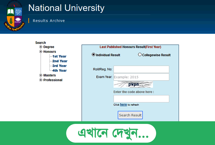 National University Honours 1st Year Exam Result 2018 eboardresults